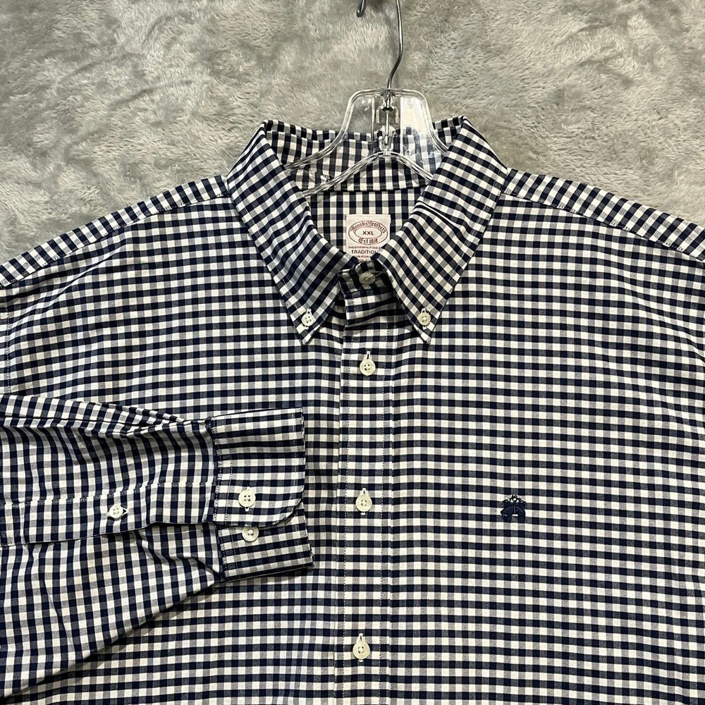 Brooks Brothers Button Down Shirt Mens XXL Navy Gingham Non-Iron Traditional Fit